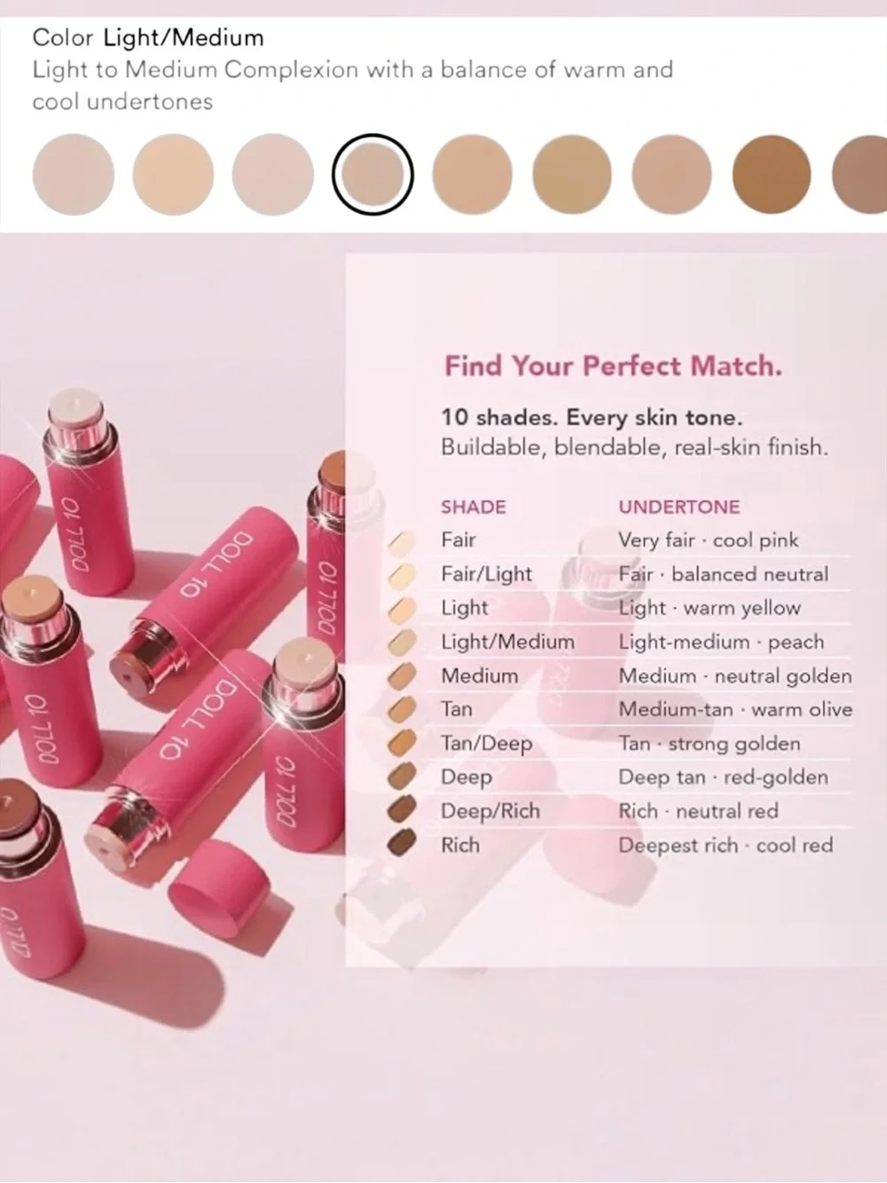 NEW Doll 10 Peptide Blur Stick Foundation - Light/Medium